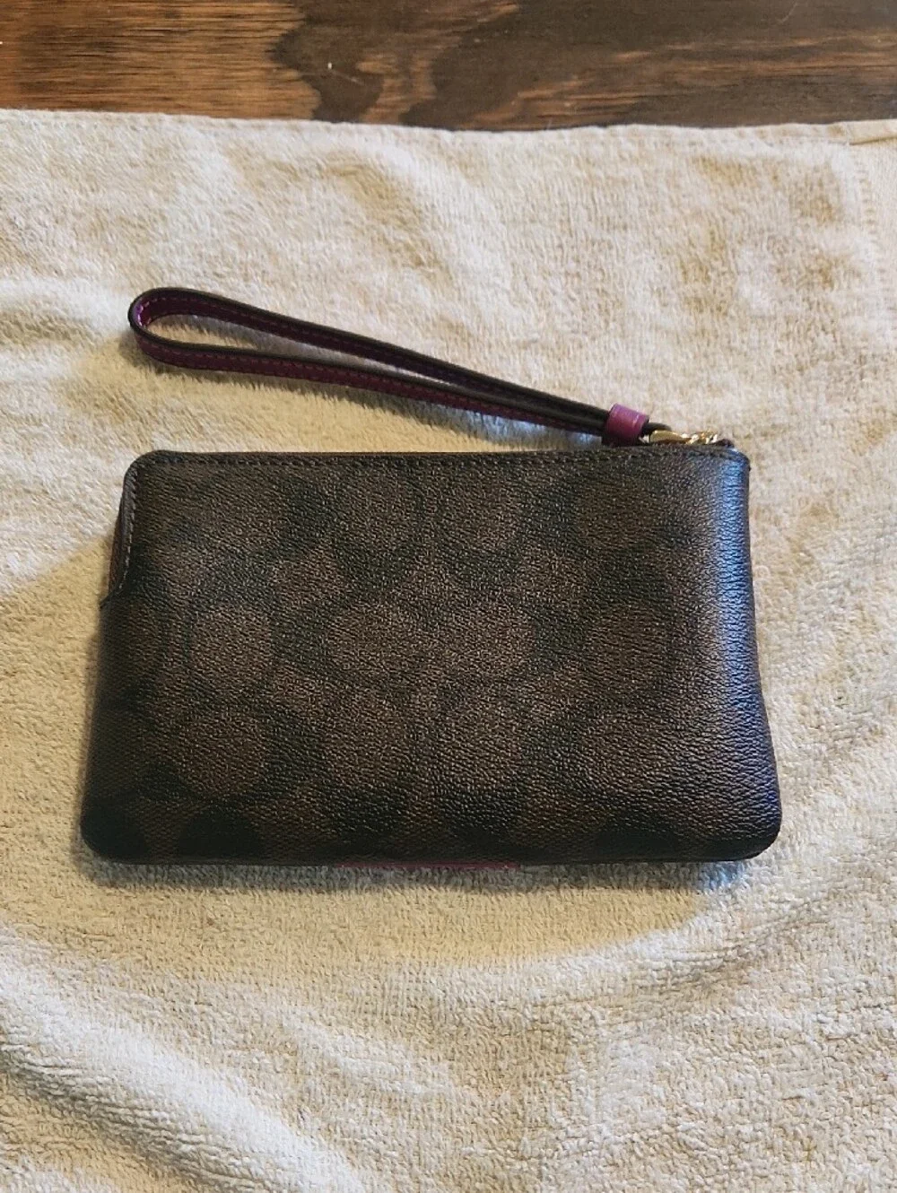 COACH Brown Signature Canvas Wristlet with Purple Center Panel